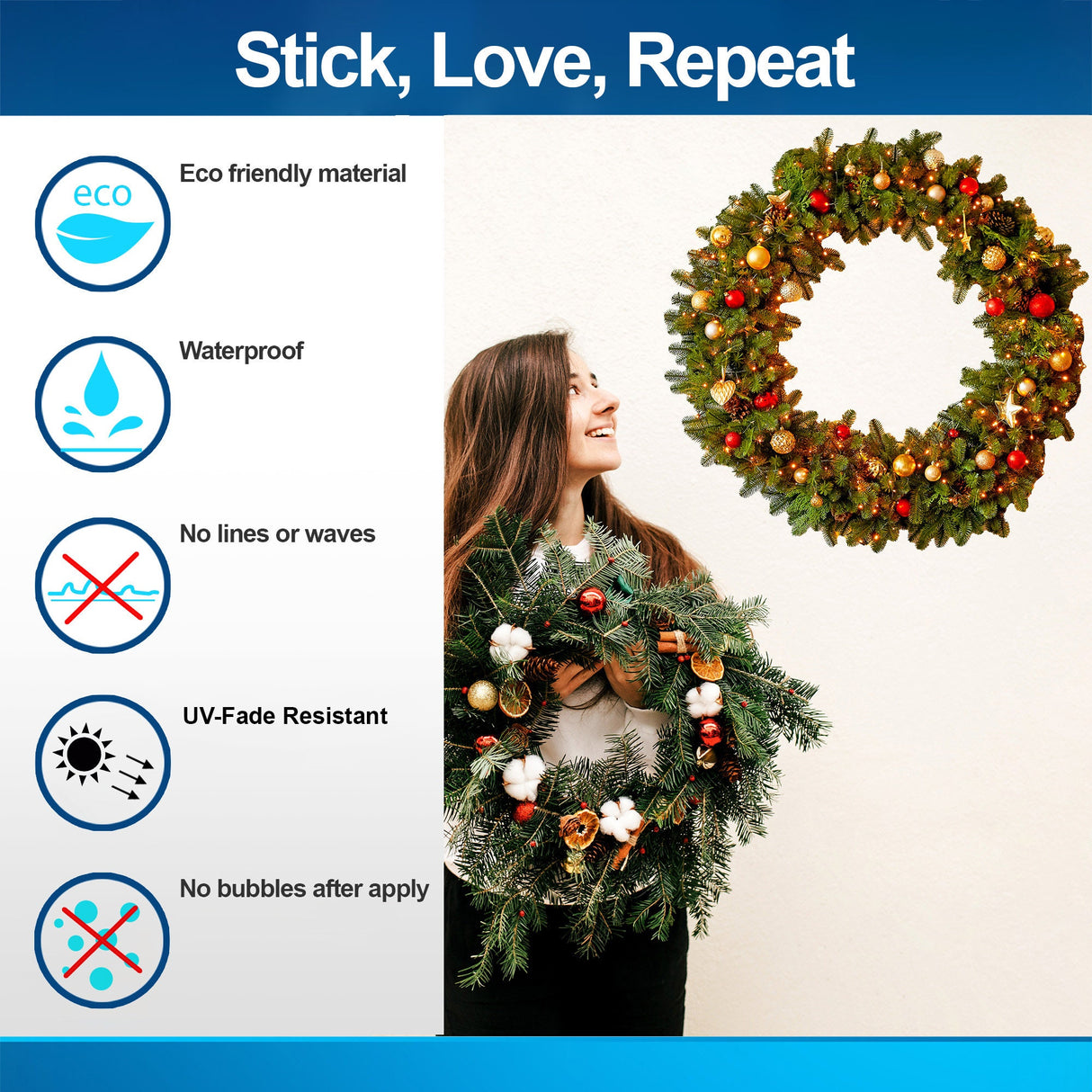 Christmas Wreath Wall Decal - Lights Ornaments Decor Sticker - Festive Wall Art Mural.