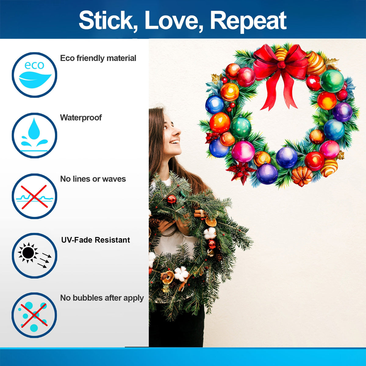 Enchanting Watercolor Christmas Wreath Wall Decal - Red Bow Colorful Ornaments Door Sticker