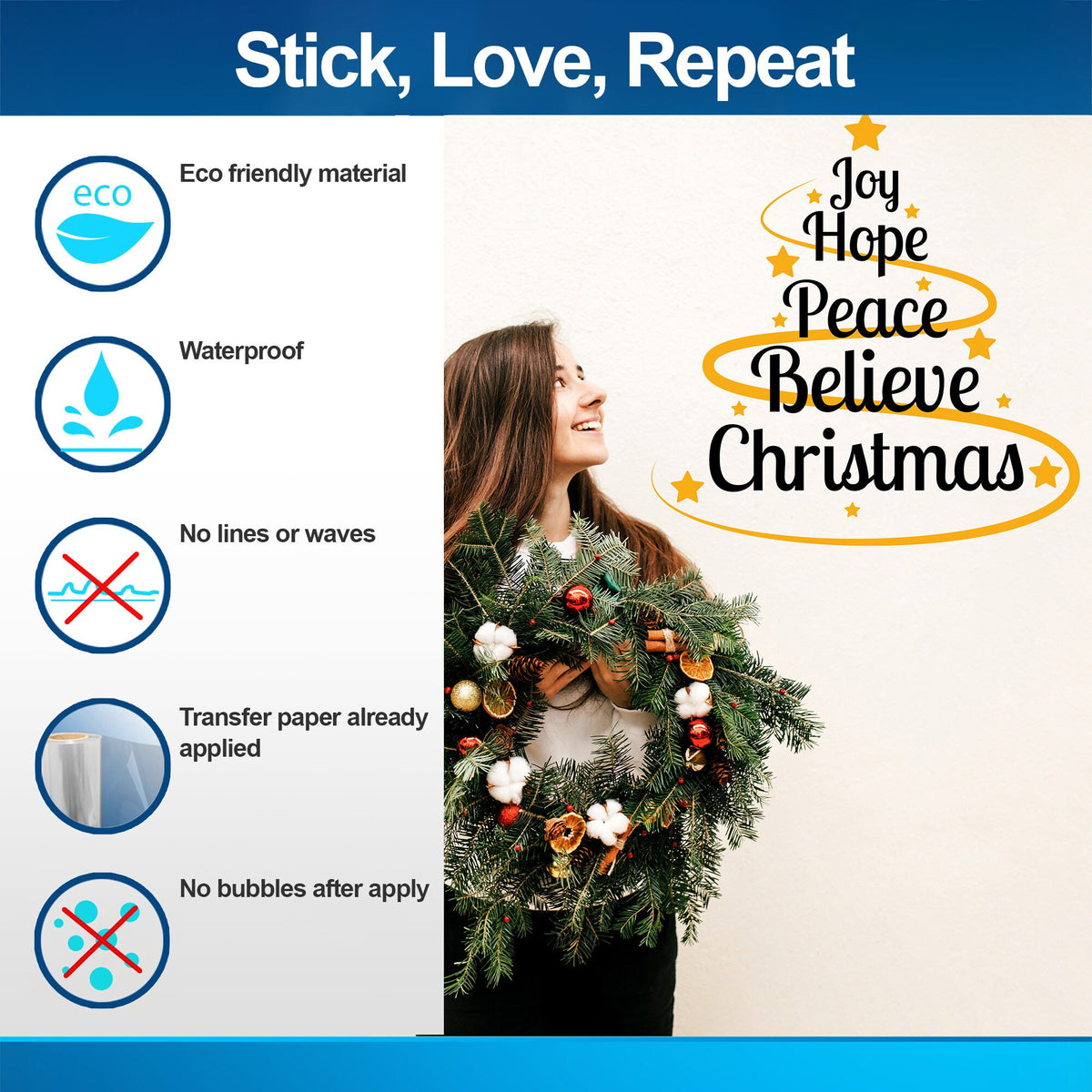 Alternate gallery view of the Joy Hope Peace Believe Christmas wall decal, layout 1.