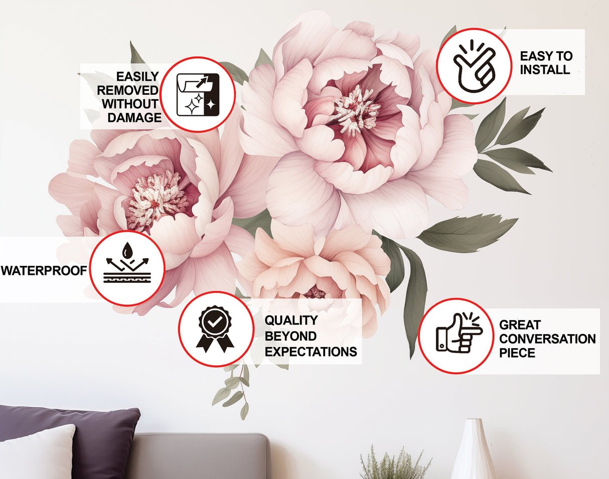Elegant Peony Flowers Wall Decal - Watercolor Floral Peel and Stick Design.