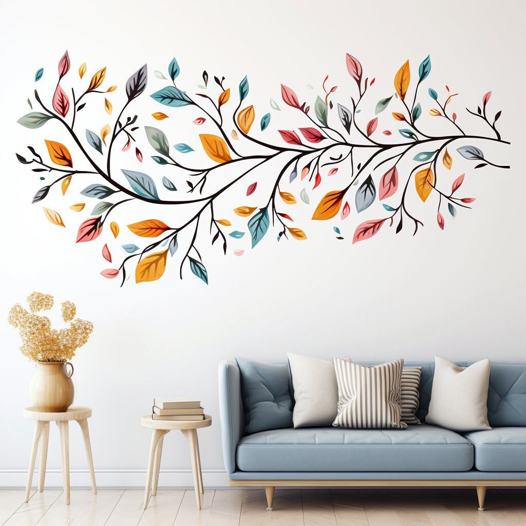 Stylized tree peel-and-stick wallpaper for bedroom decor.