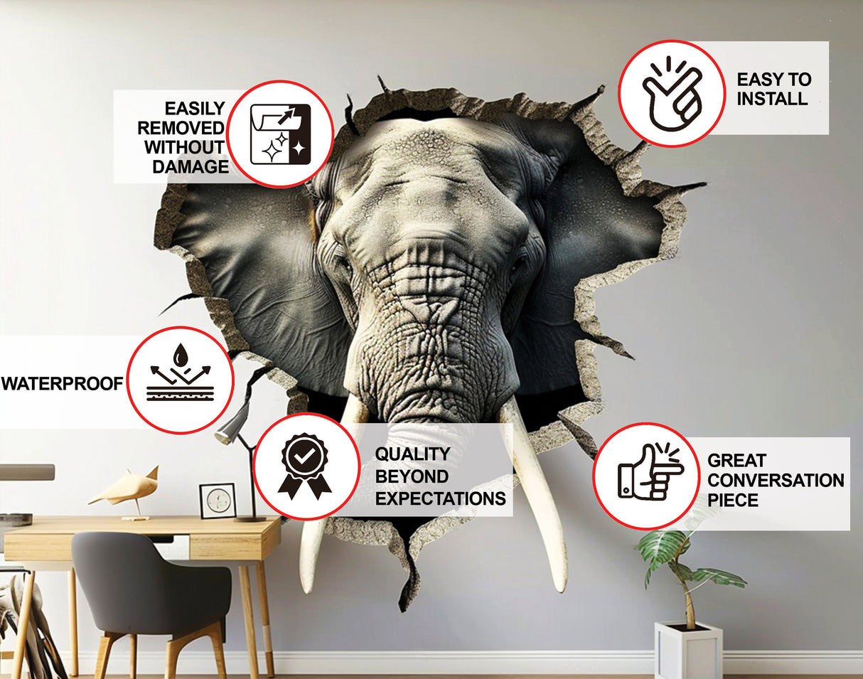 3D Elephant Wall Decal - Realistic Broken Hole Illusion Vinyl Sticker.