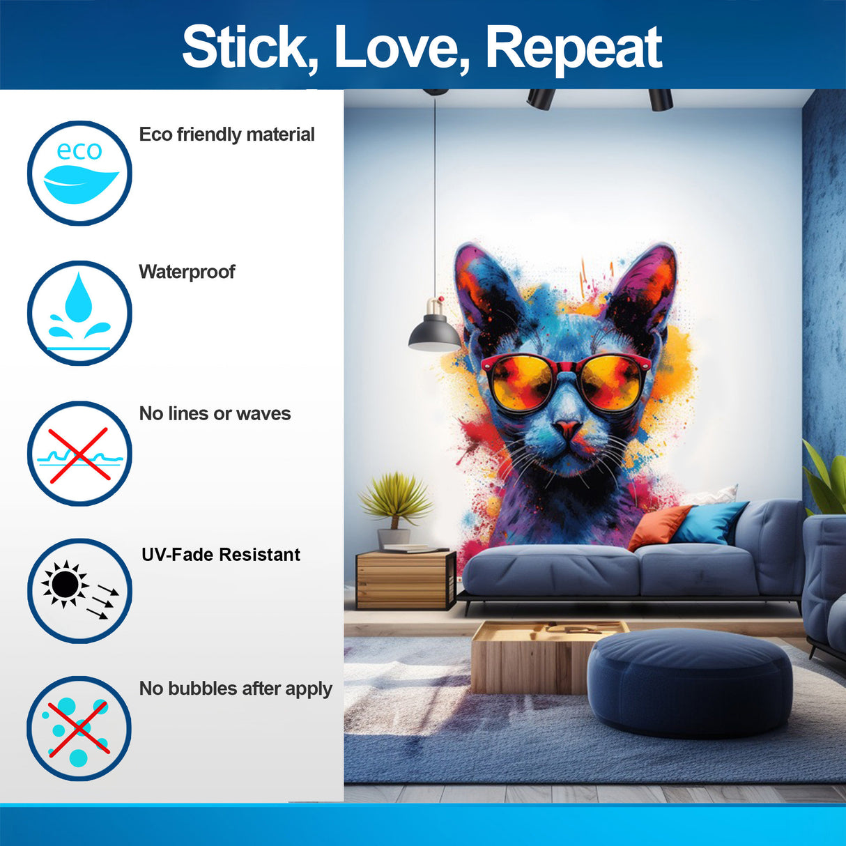 Additional product view of Colorful Watercolor Cat in Glasses Wall Decal.