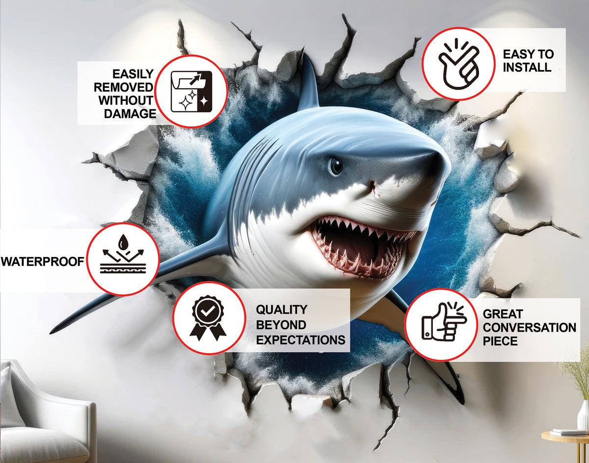 Great white shark broken-wall vinyl sticker.