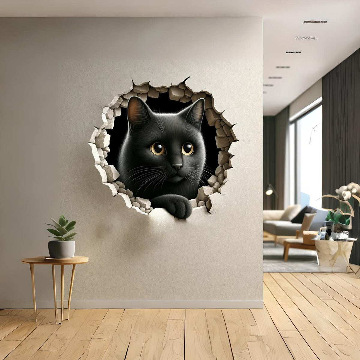 Peel-and-stick black cat wall decor decal.
