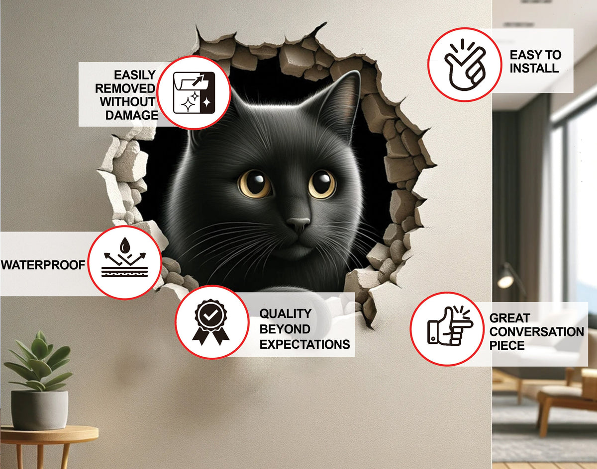 Black kitten cracked-wall illusion decal.