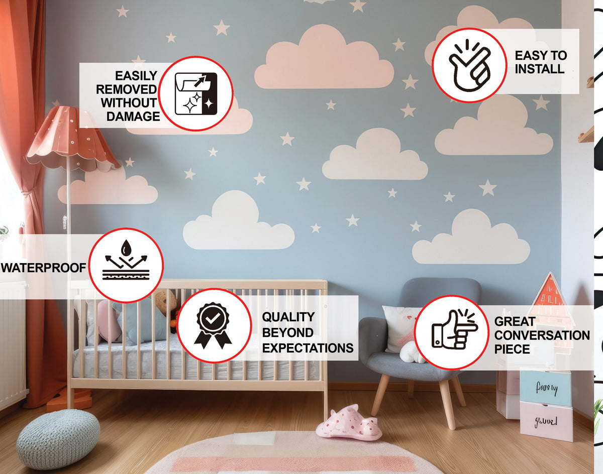 Fluffy white cloud and star wall decals for a nursery.