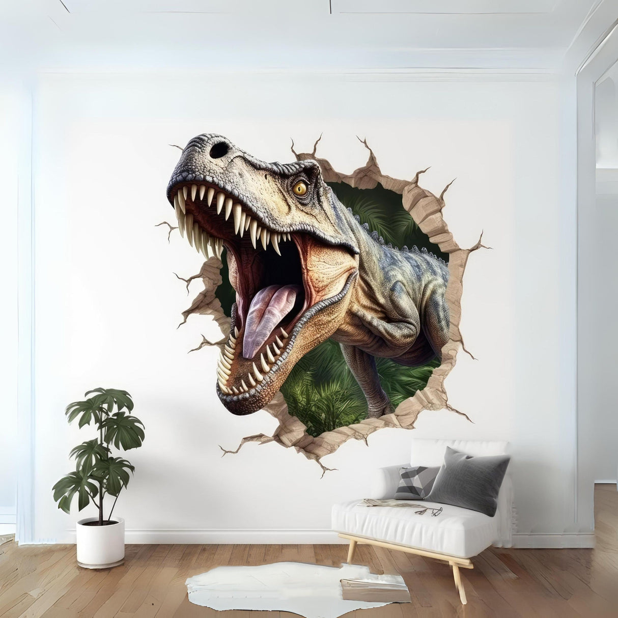 3D dinosaur wall decal with a broken-wall visual effect.
