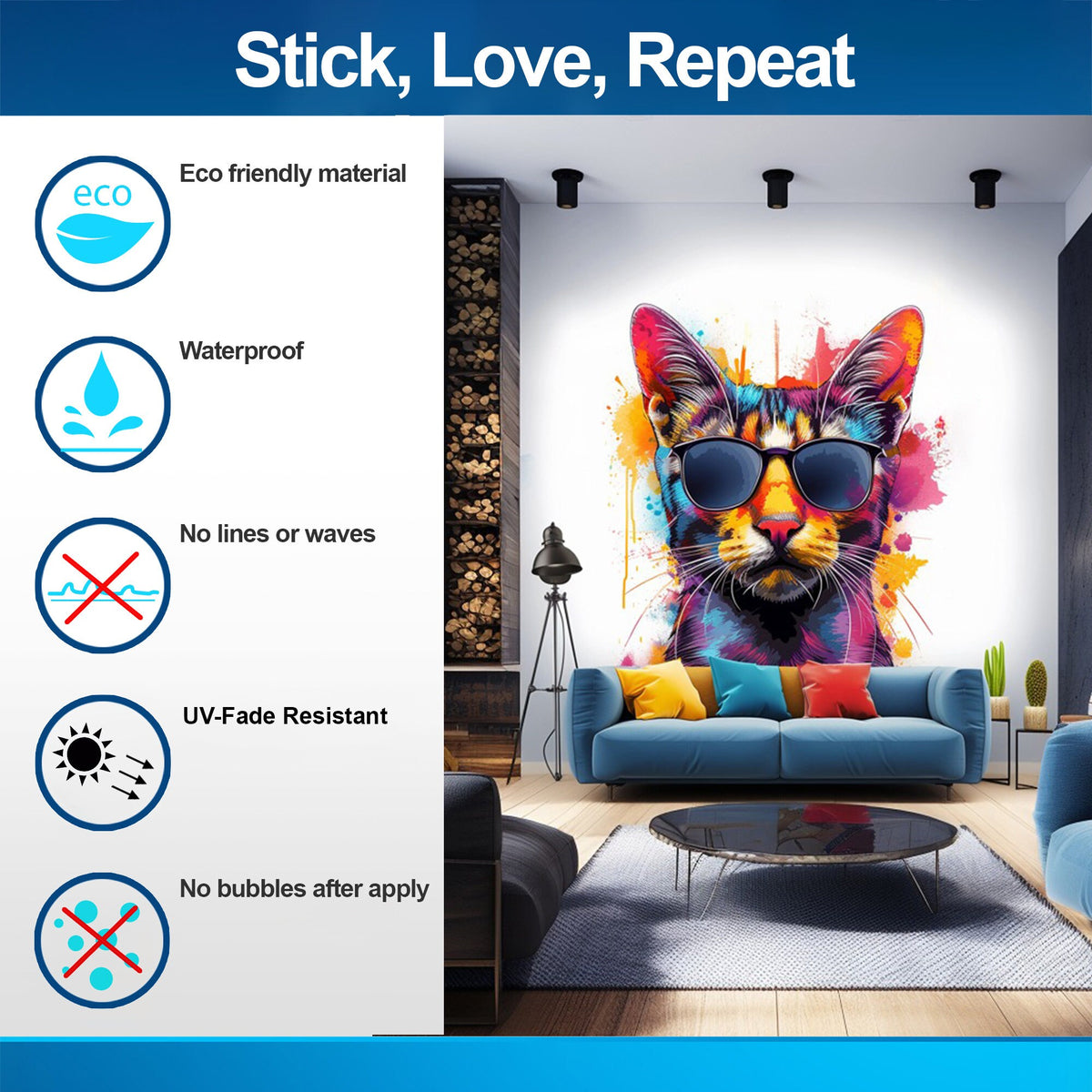 Additional product view of Watercolor Cat with Sunglasses Wall Decal.
