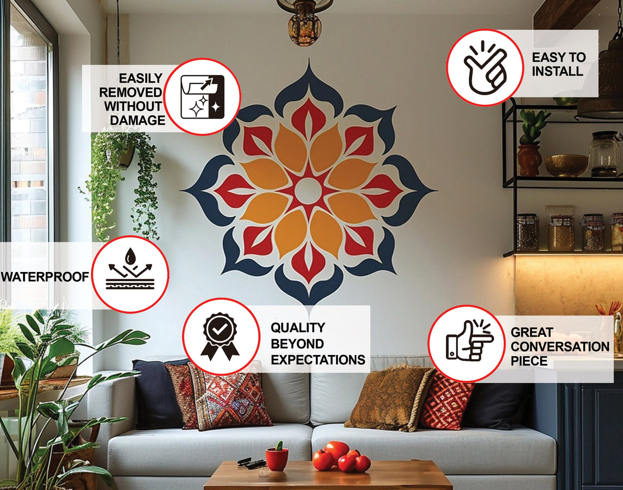 Vibrant Mandala Wall Sticker - Removable Vinyl Decal for Meditation and Yoga Space.