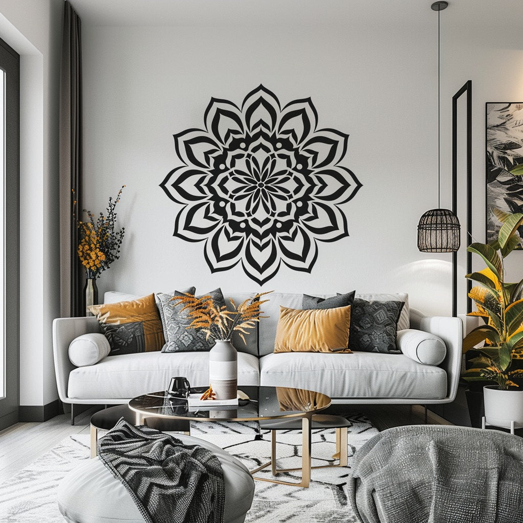 Mandala Wall Sticker for Meditation and Yoga Spaces displayed in a room setting.
