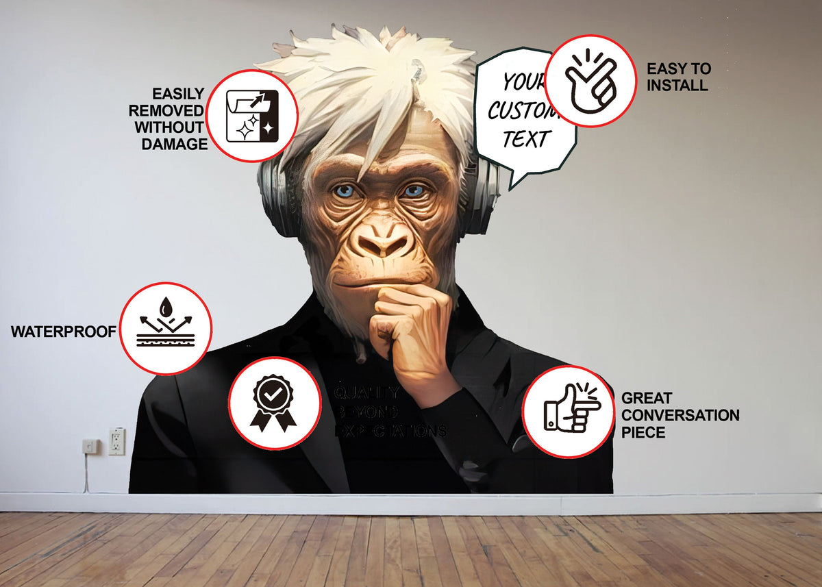 Wise Thinking Monkey Sticker - DJ Chimp in Headphones Wall Decal.
