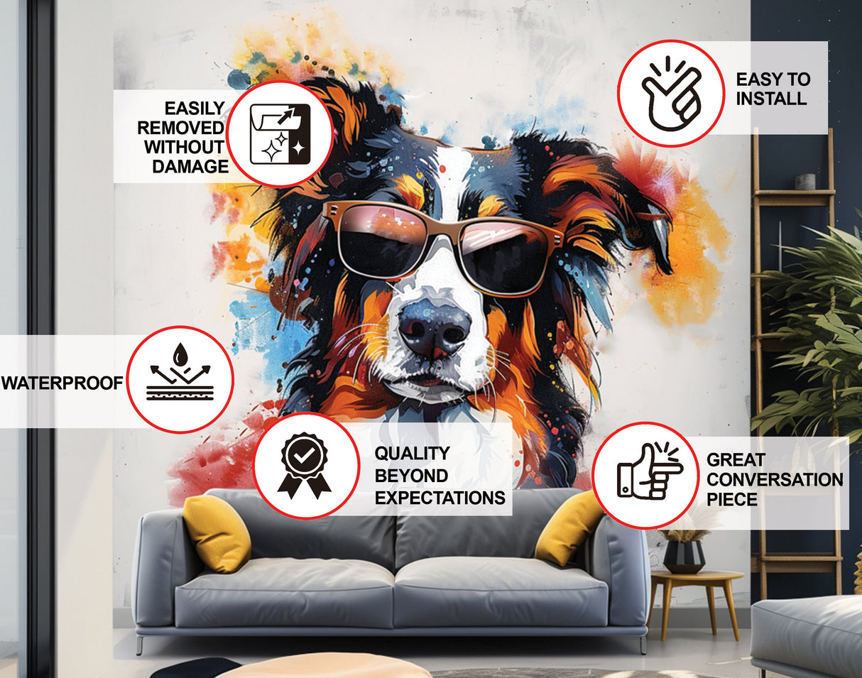 Bright Australian Shepherd Wearing Shades Wall Decal - Cheerful Watercolor Dog in Glasses Sticker.