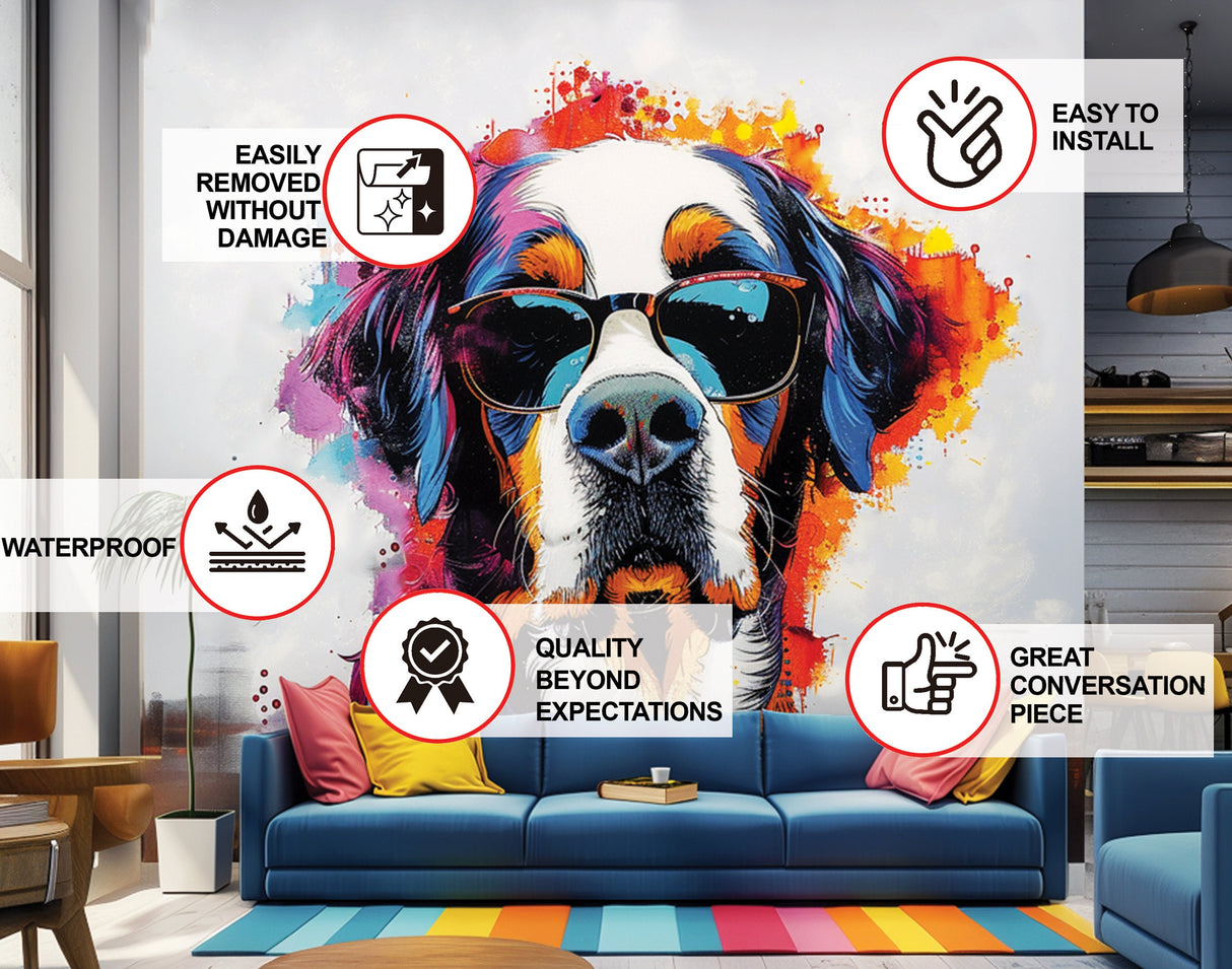 Colorful St. Bernard with Glasses Wall Decal - Bold Watercolor Bernese Mountain Dog Art Sticker.