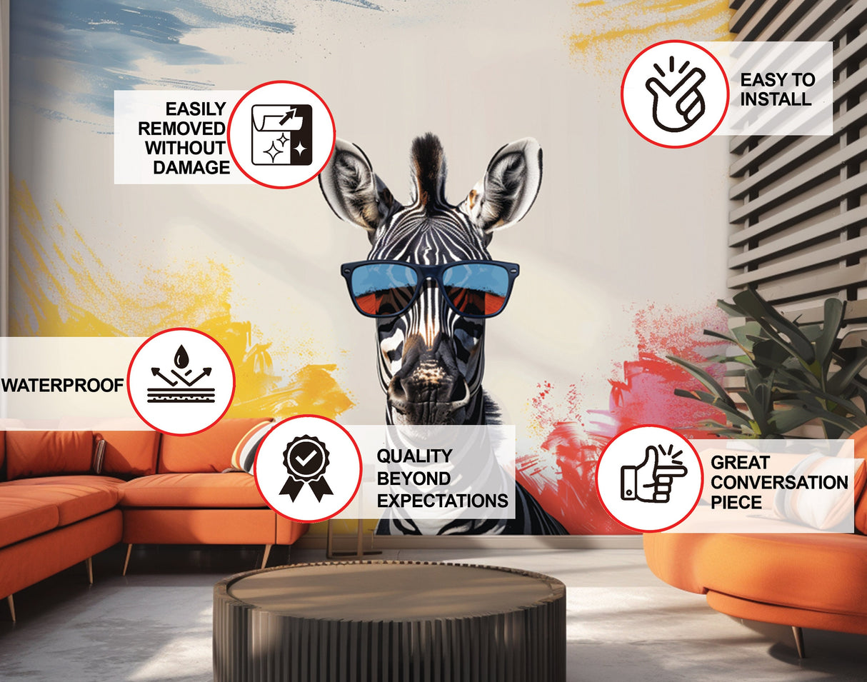 Funky Zebra with Sunglasses Wall Decal - Vibrant Modern Animal Art Sticker for Home Decor.