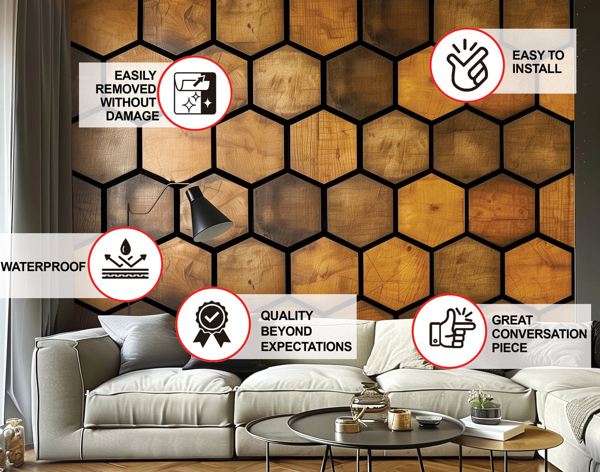 Alternate product view of Hexagonal Wood Effect Wallpaper Sticker.