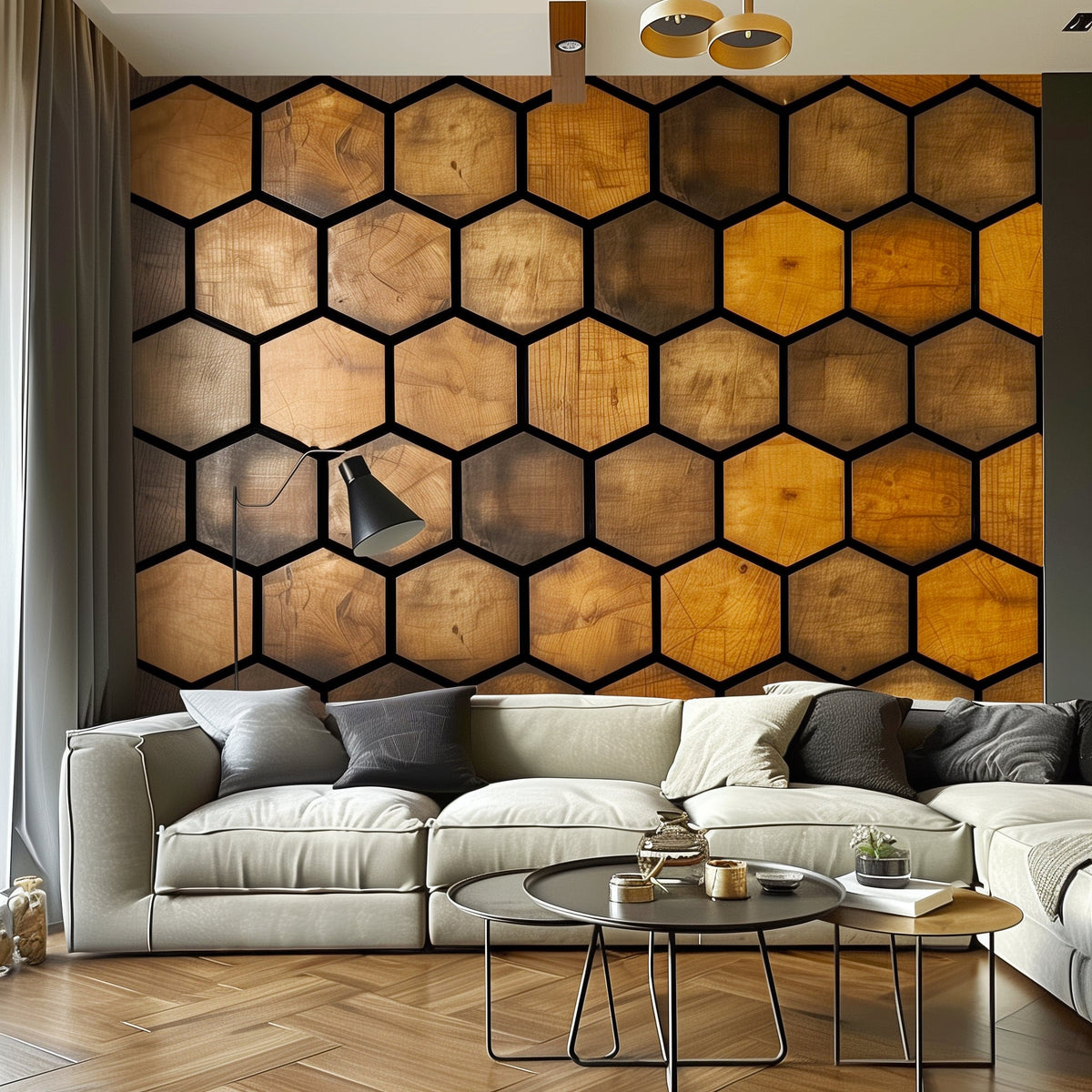 Hexagonal Wood Effect Wallpaper Sticker - Black Accent Adhesive Wall Decal.