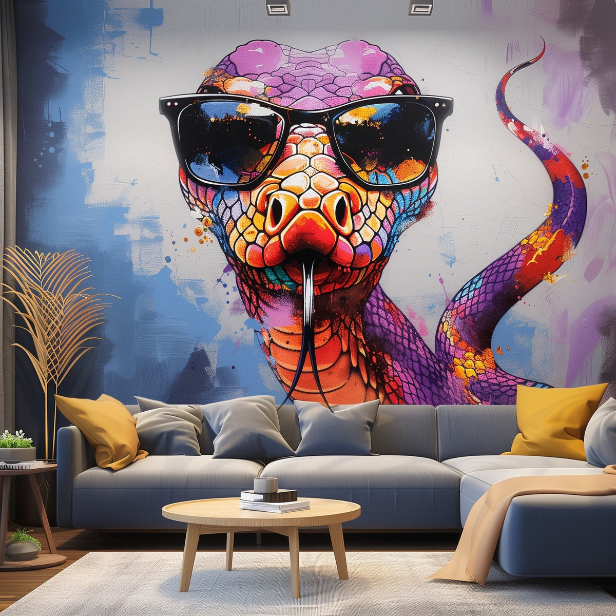 Alternate product view of Vibrant Purple Snake with Glasses Wall Decal.