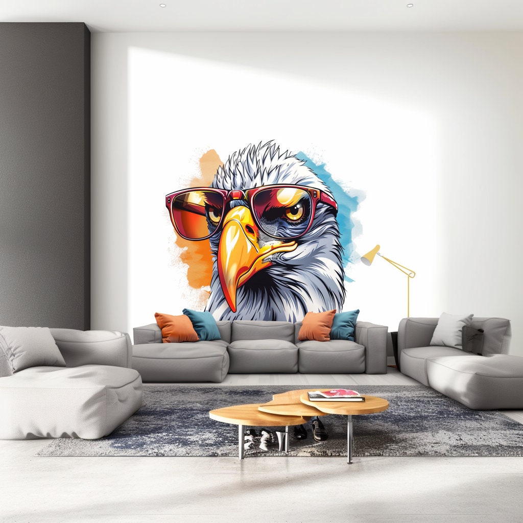 Product gallery view of Vibrant Watercolor Bald Eagle with Glasses Wall Decal.