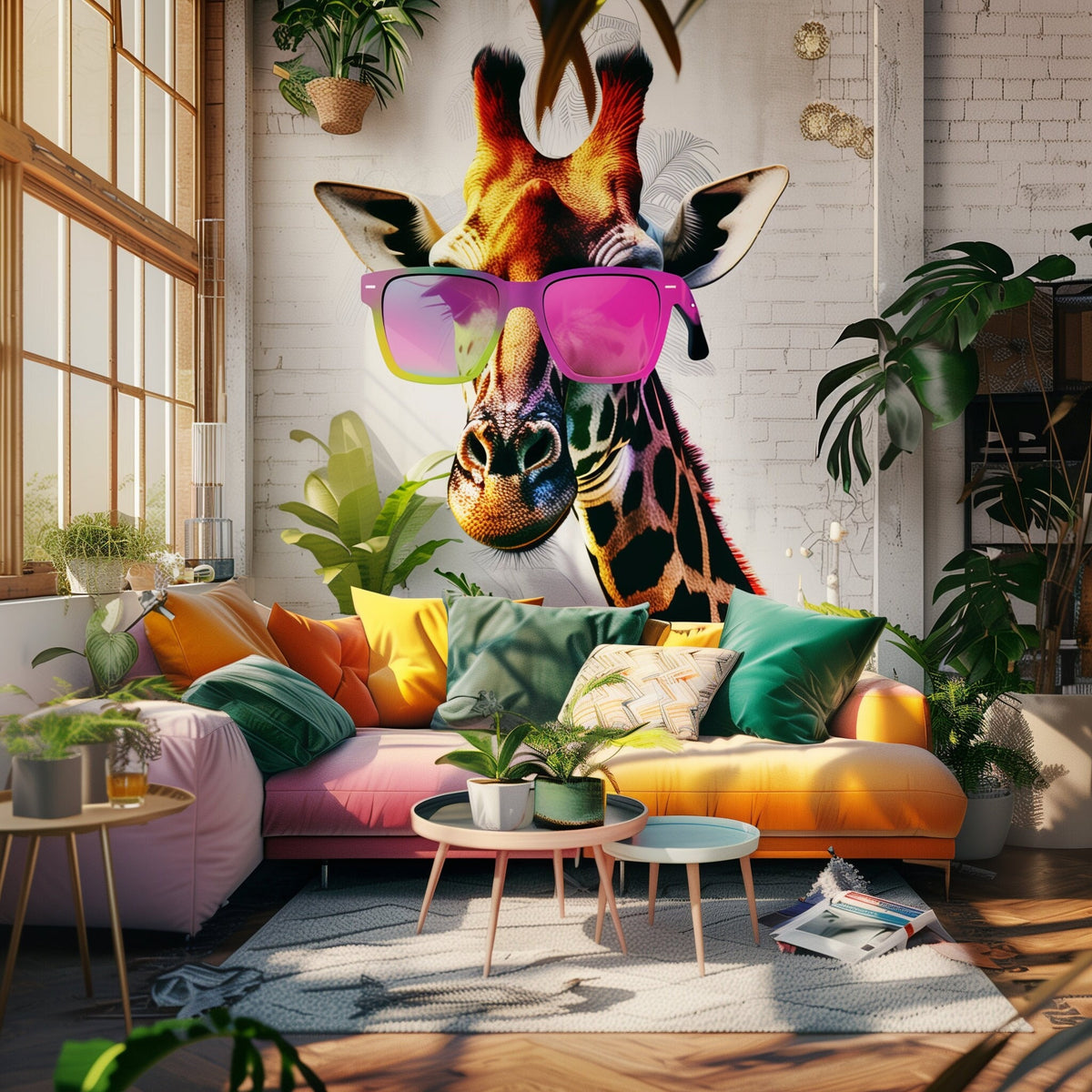 Colorful Giraffe Wall Sticker Decals with Pink Sunglasses displayed in a room setting.
