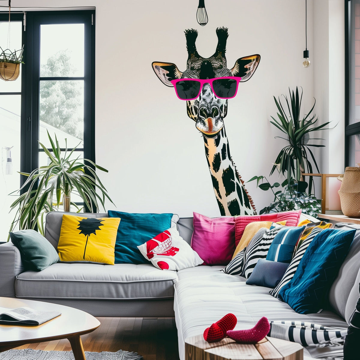 Playful Giraffe Wall Sticker with Pink Sunglasses displayed in a room setting.