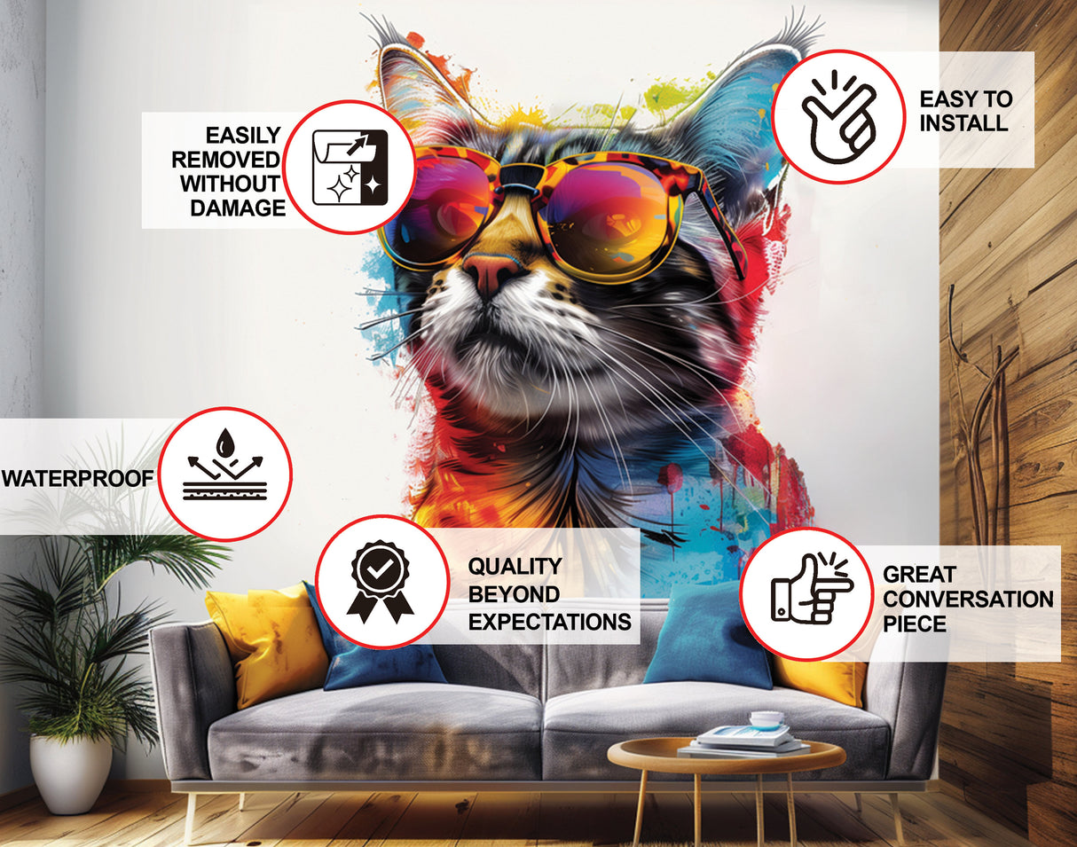 Colorful Maine Coon cat wall sticker with sunglasses.