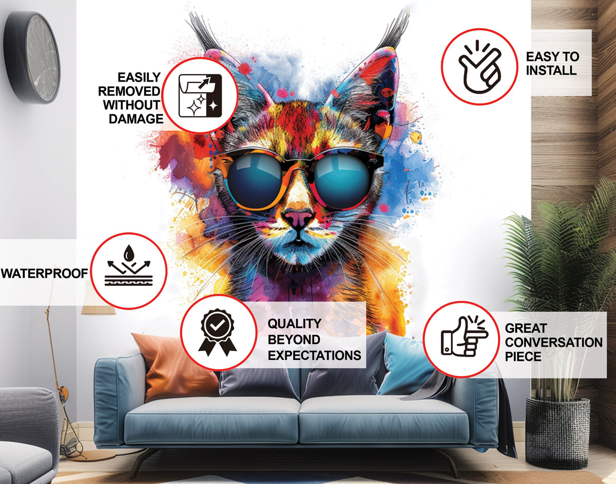 Alternate product view of Vibrant Maine Coon Cat Wall Sticker with Sunglasses.