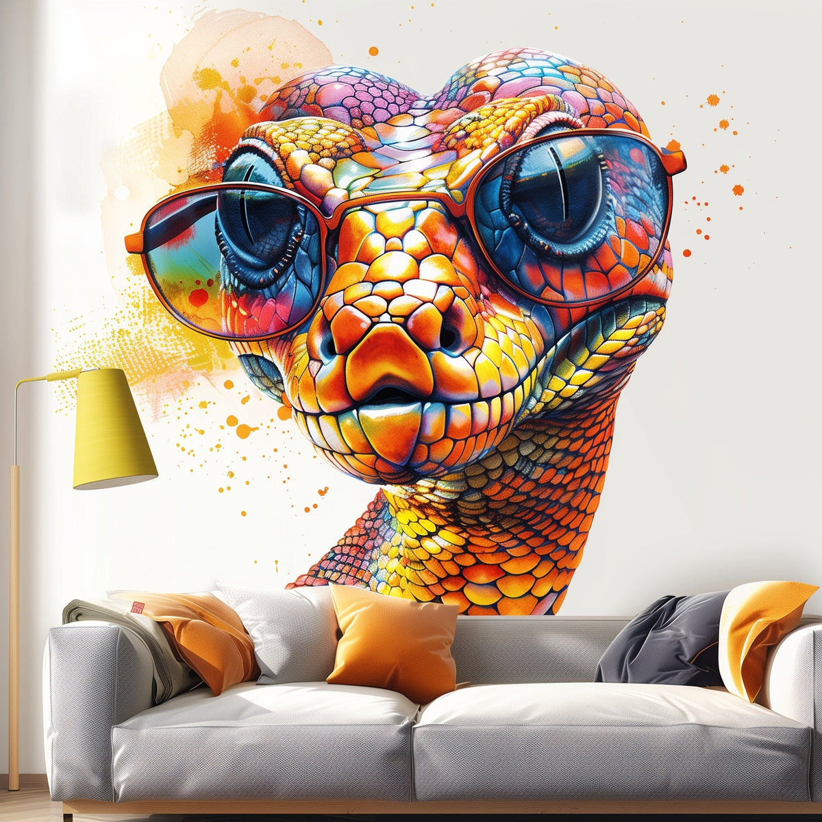 Alternate product view of Vibrant Orange Snake with Glasses Wall Decal.