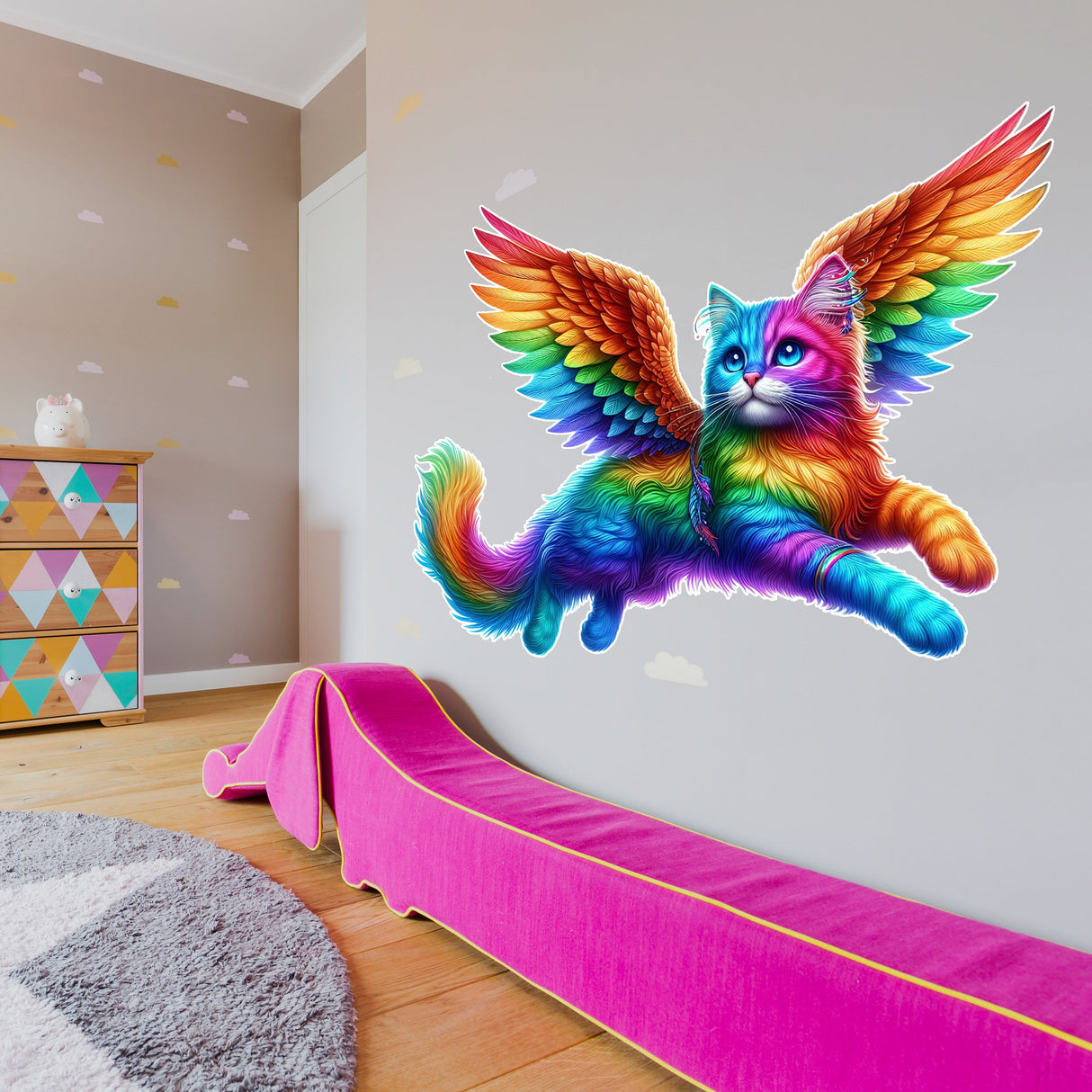 Product gallery view of Rainbow Flying Cat with Wings Wall Sticker Decals.