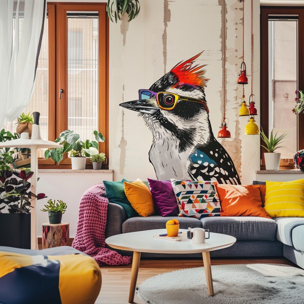 Downy Woodpecker Bird in Glasses Wall Sticker Decals - Colorful Art Style Room Decor