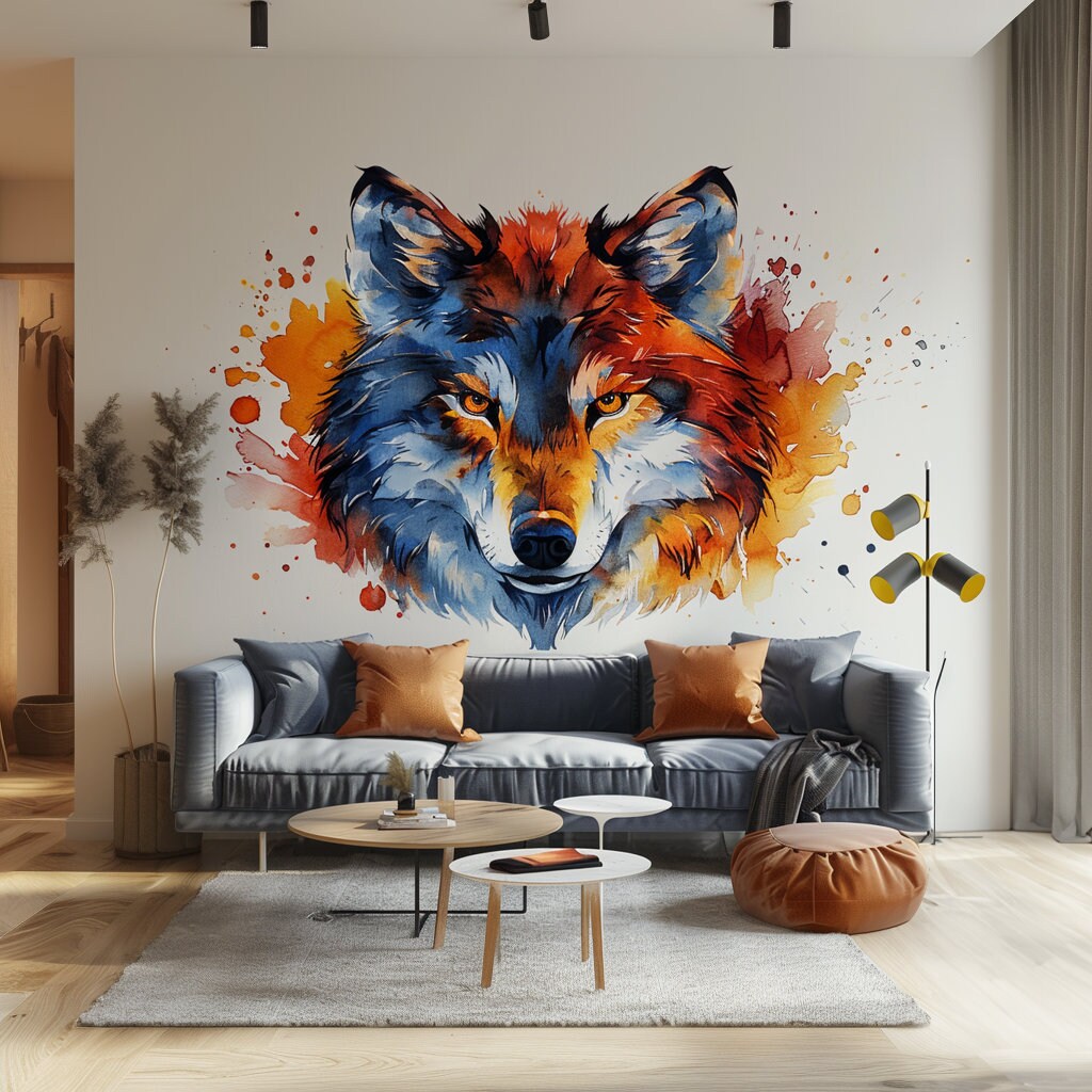 Product gallery view of Vibrant Watercolor Wolf Face Wall Decal Sticker.