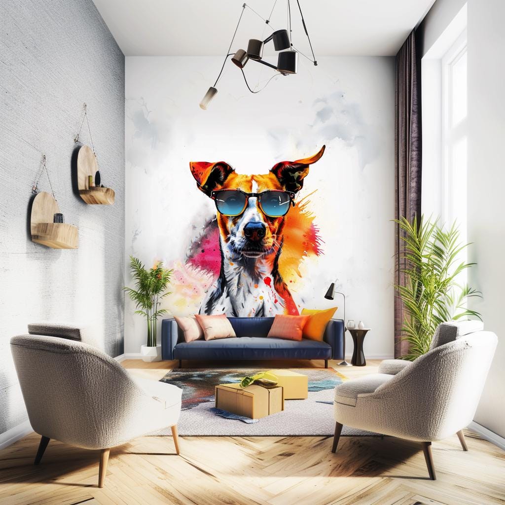 Photorealistic Jack Russell Terrier Wall Sticker - Vibrant Watercolor Dog with Sunglasses Decal.