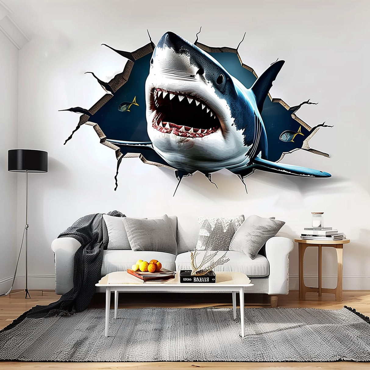 3D Great White Shark Wall Sticker displayed in a room setting.