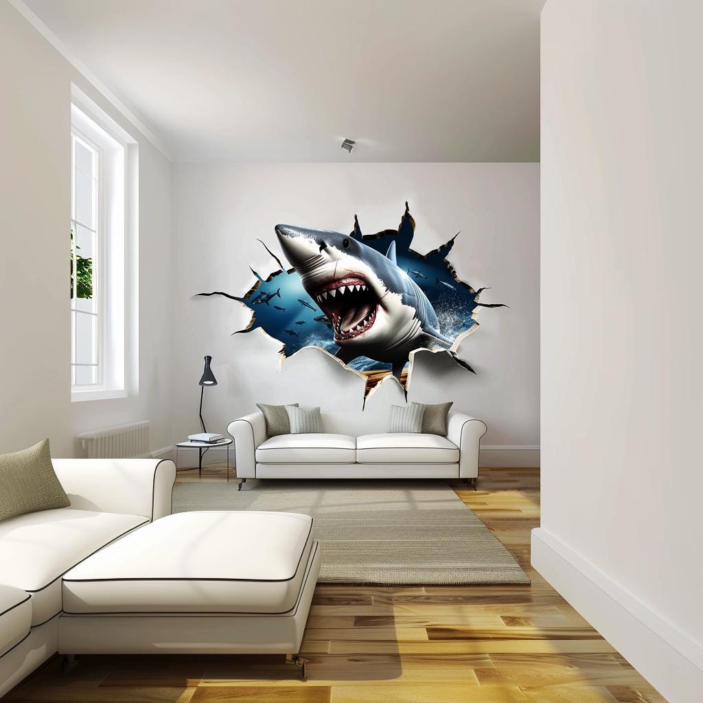 Alternate product view of 3D Crack White Shark Wall Sticker.