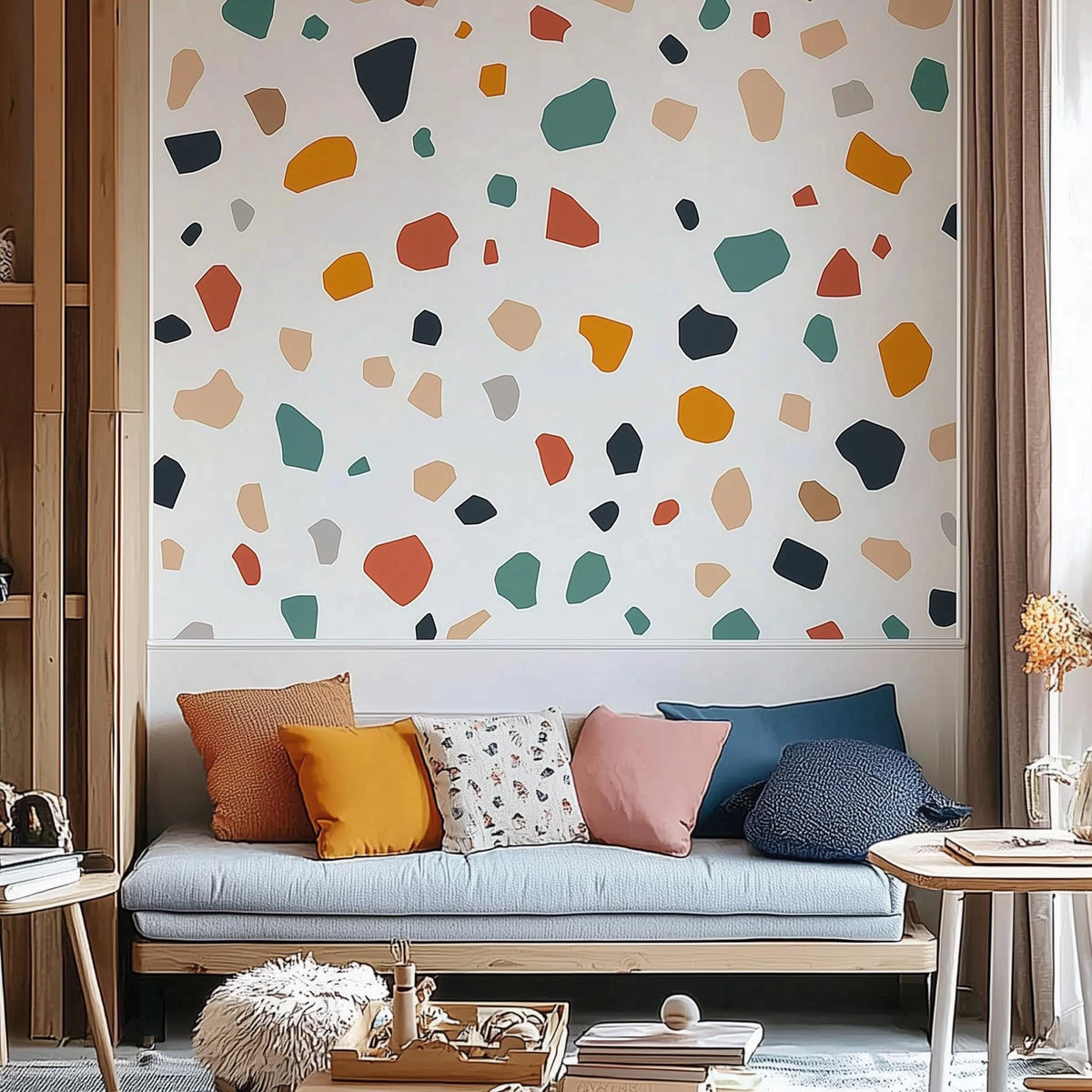 Colorful terrazzo wall stickers with abstract boho shapes and dots.