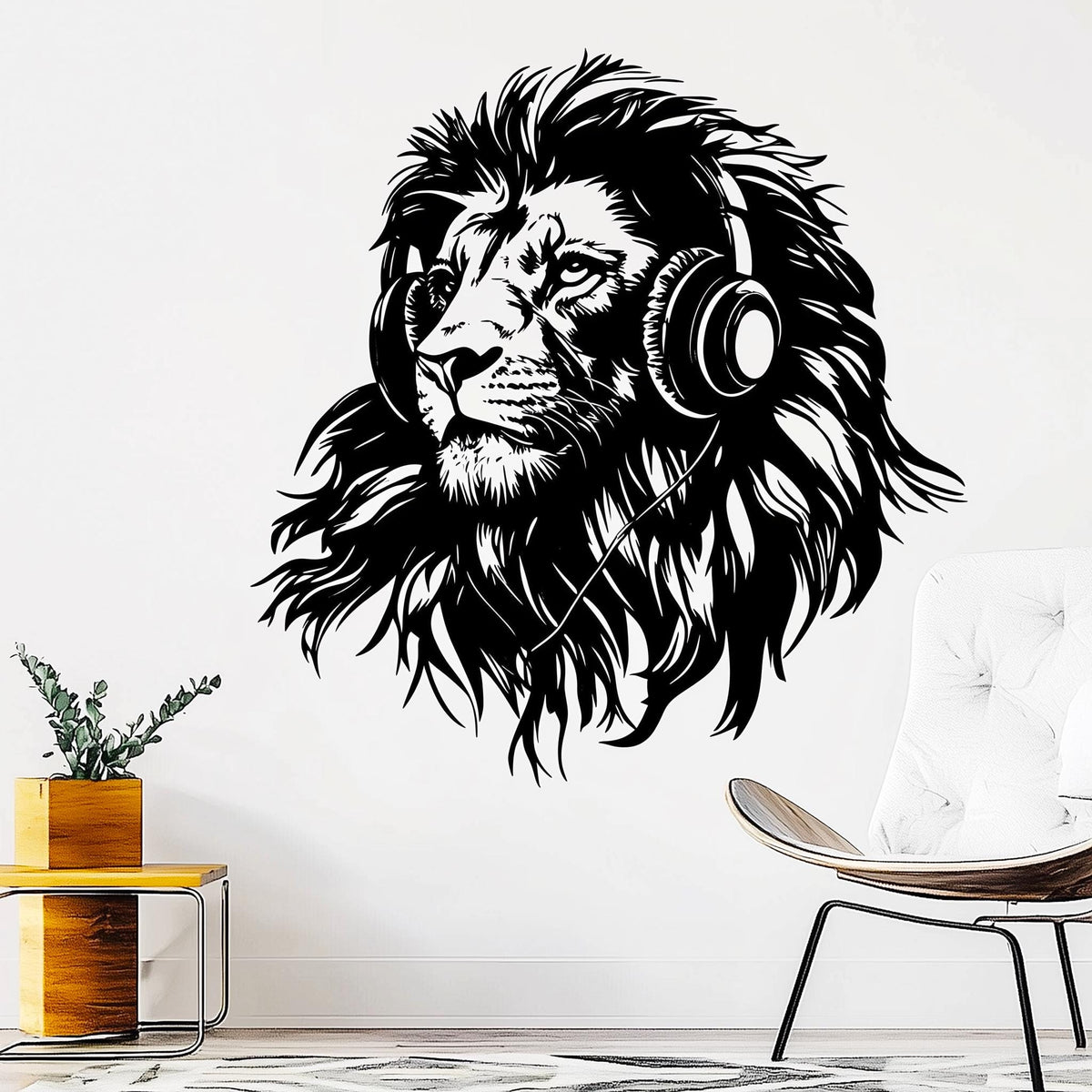 Black Lion Headphones Wall Sticker displayed in a room setting.