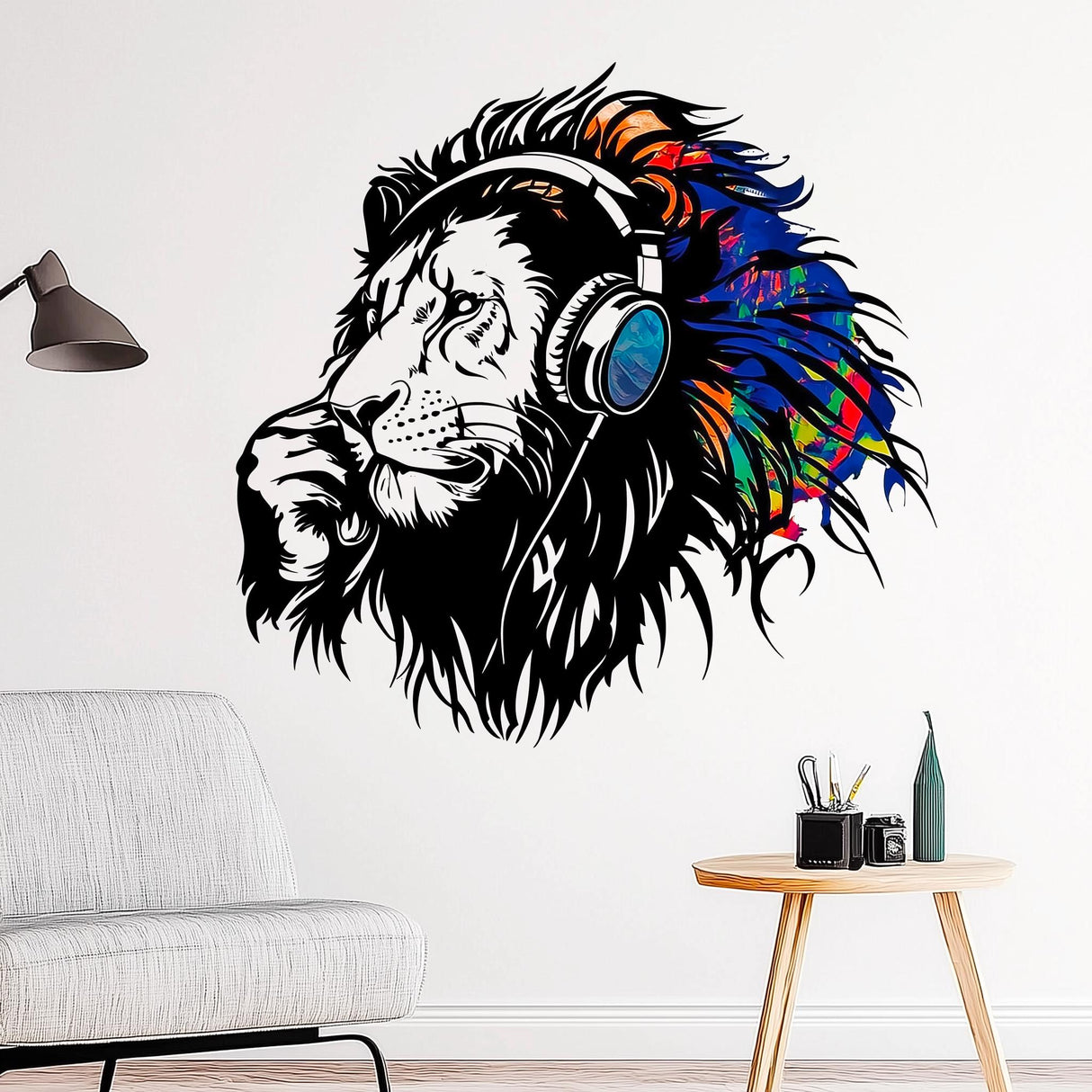 Colorful Lion Headphones Wall Sticker displayed in a room setting.