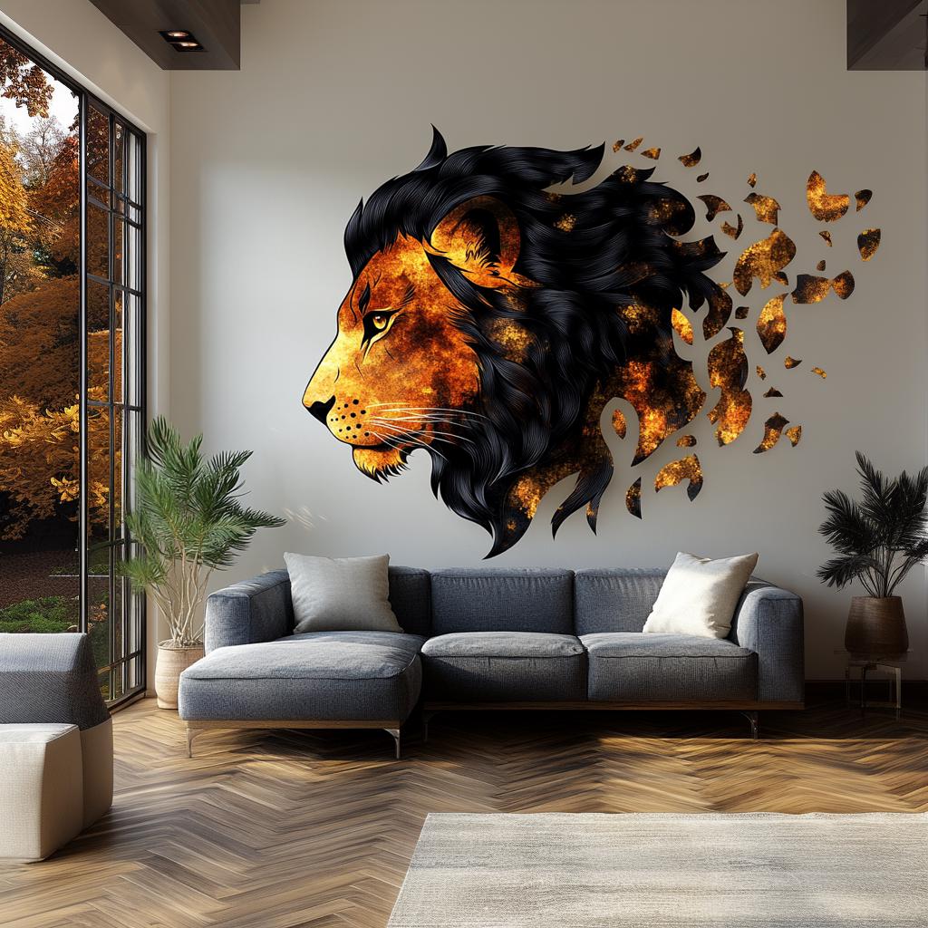 Alternate room view of the fragmented orange lion portrait wall decal.