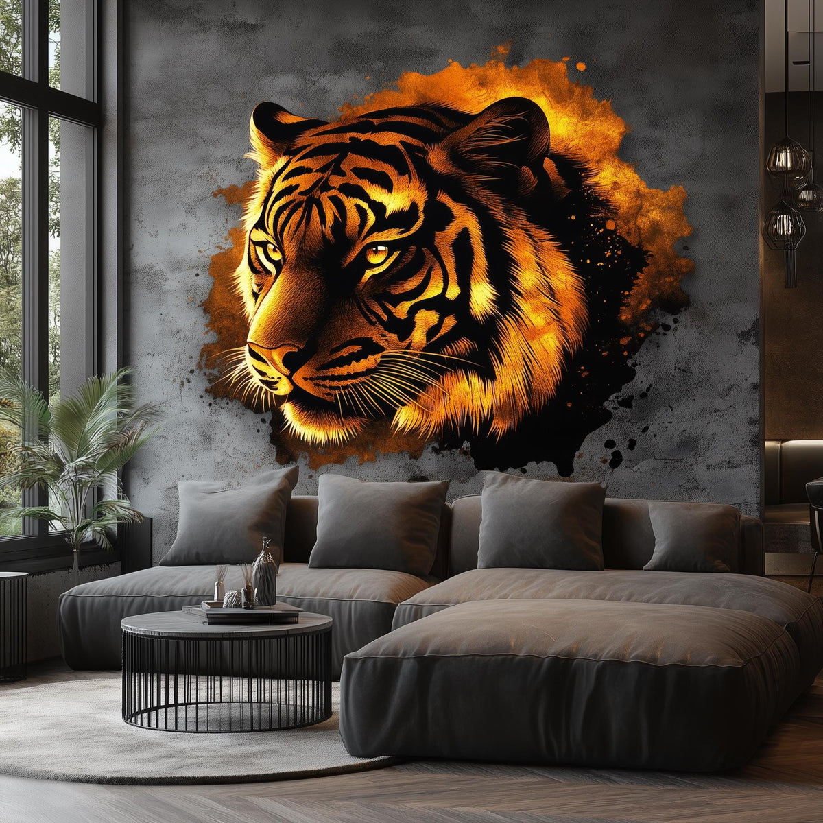 Fiery Tiger Wall Sticker Decal displayed in a room setting.