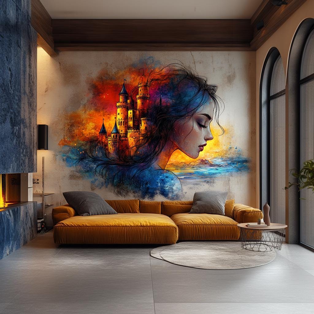 Alternate product view of Surreal Woman and Fantasy Castle Wall Decal.