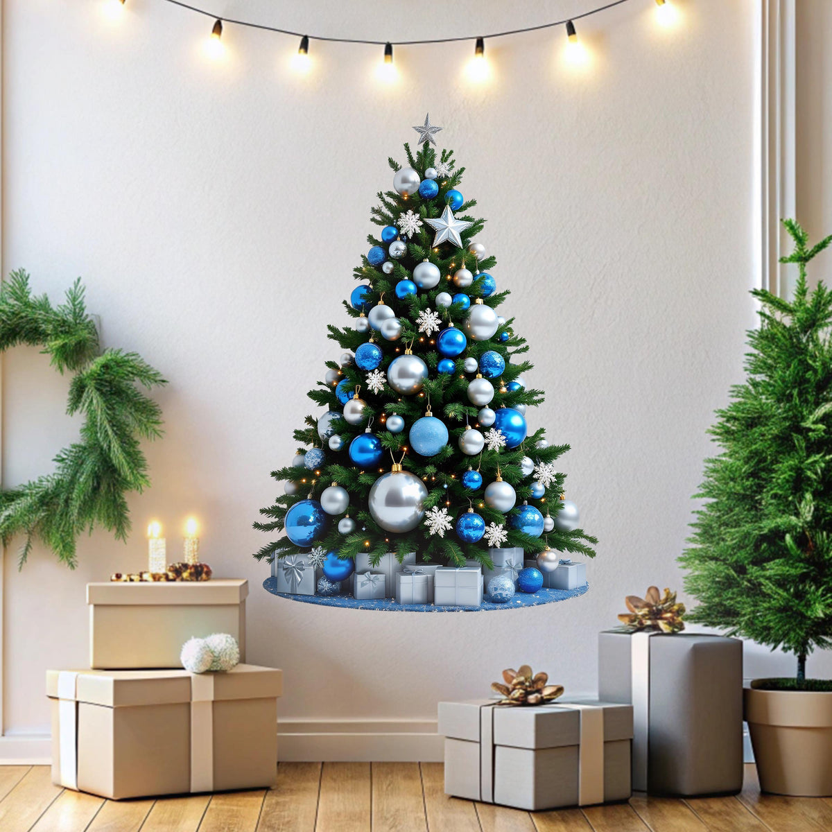 Blue and Silver Christmas Tree Wall Decal displayed in a room setting.