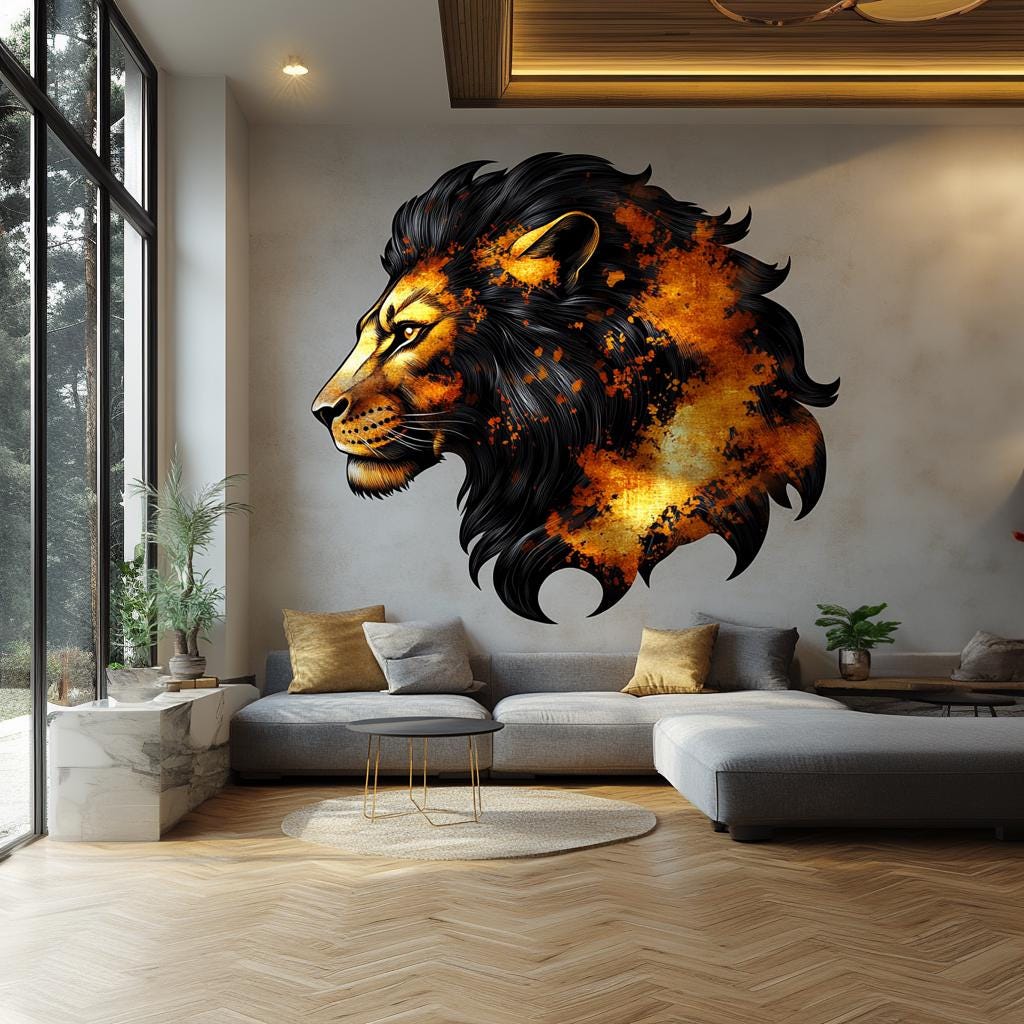 Alternate room view of the orange and black lion portrait wall decal.