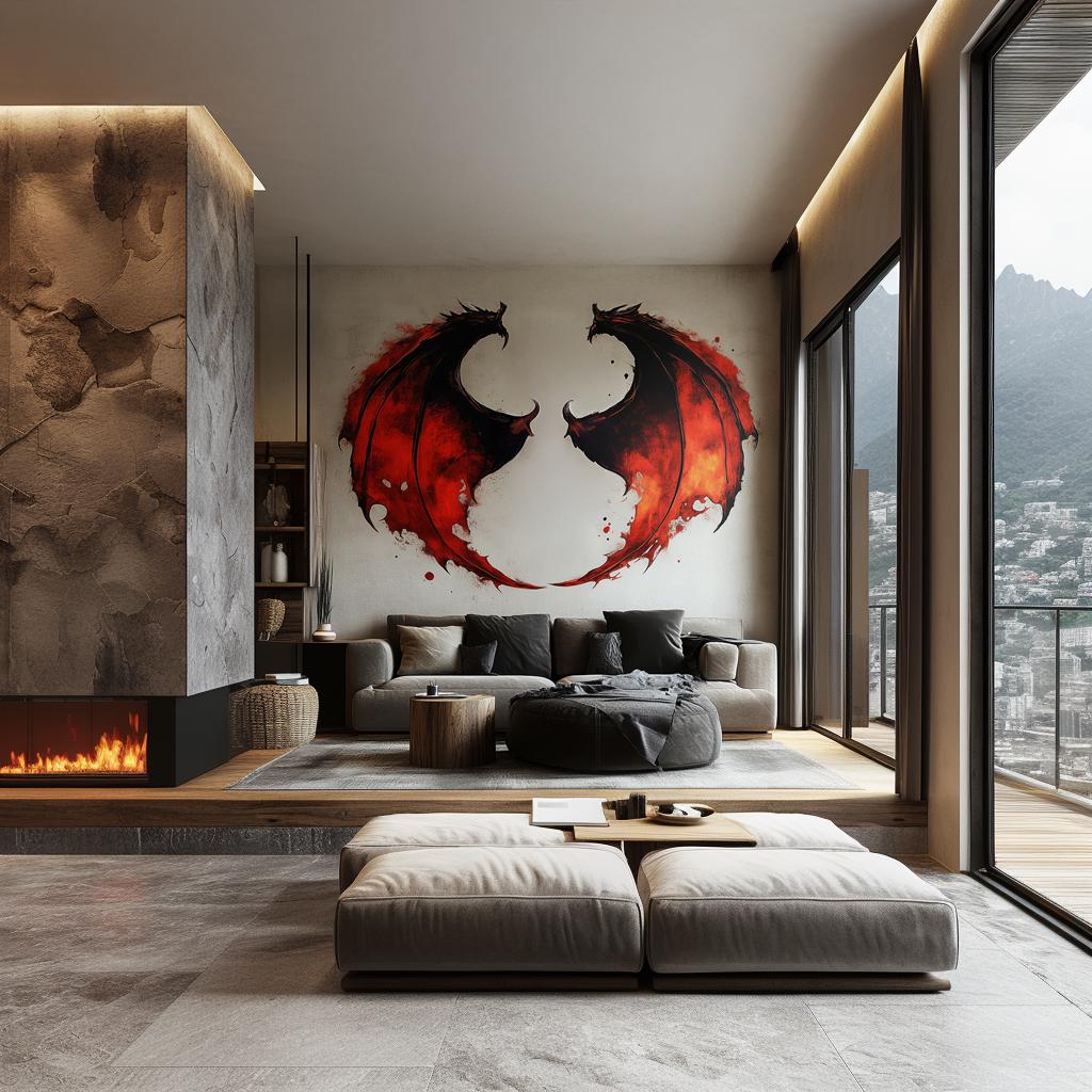 Alternate room view of the red and black dragon wing wall decal.