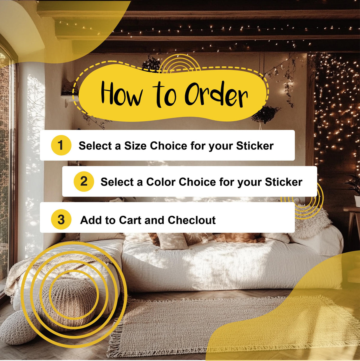 Instructions on how to order a wall sticker, including size and color selection.