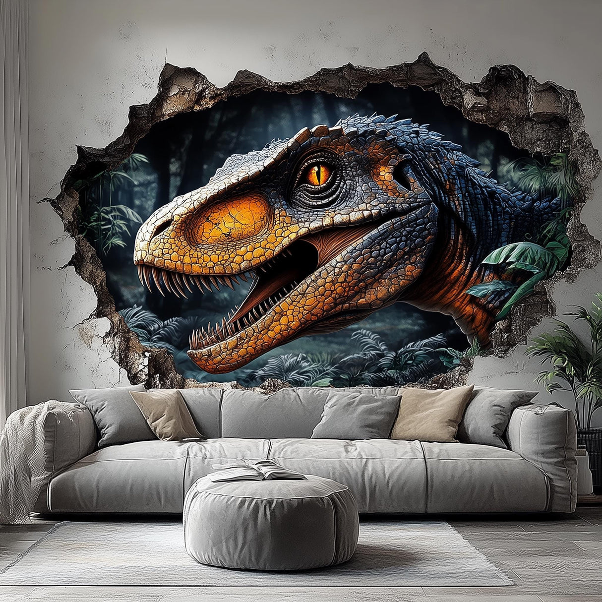 Raptor jungle wall decal with a cracked-wall breakthrough, Design 2
