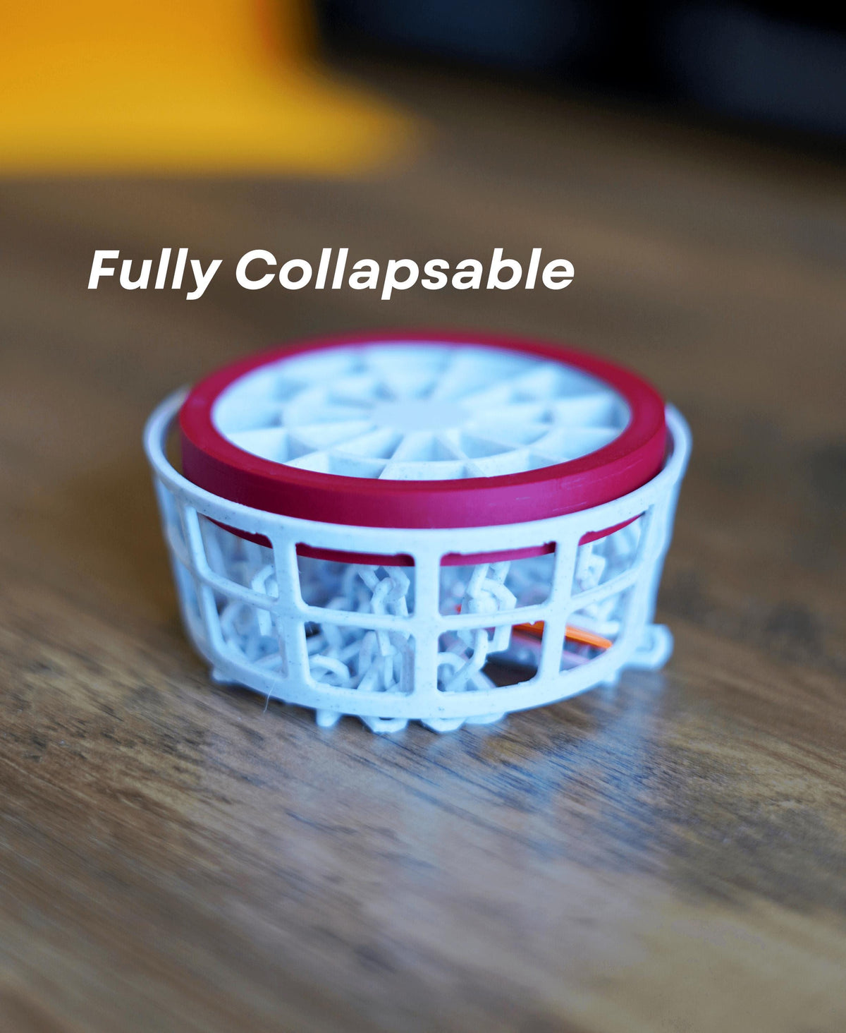 Collapsible mini disc golf basket designed for desktop play.