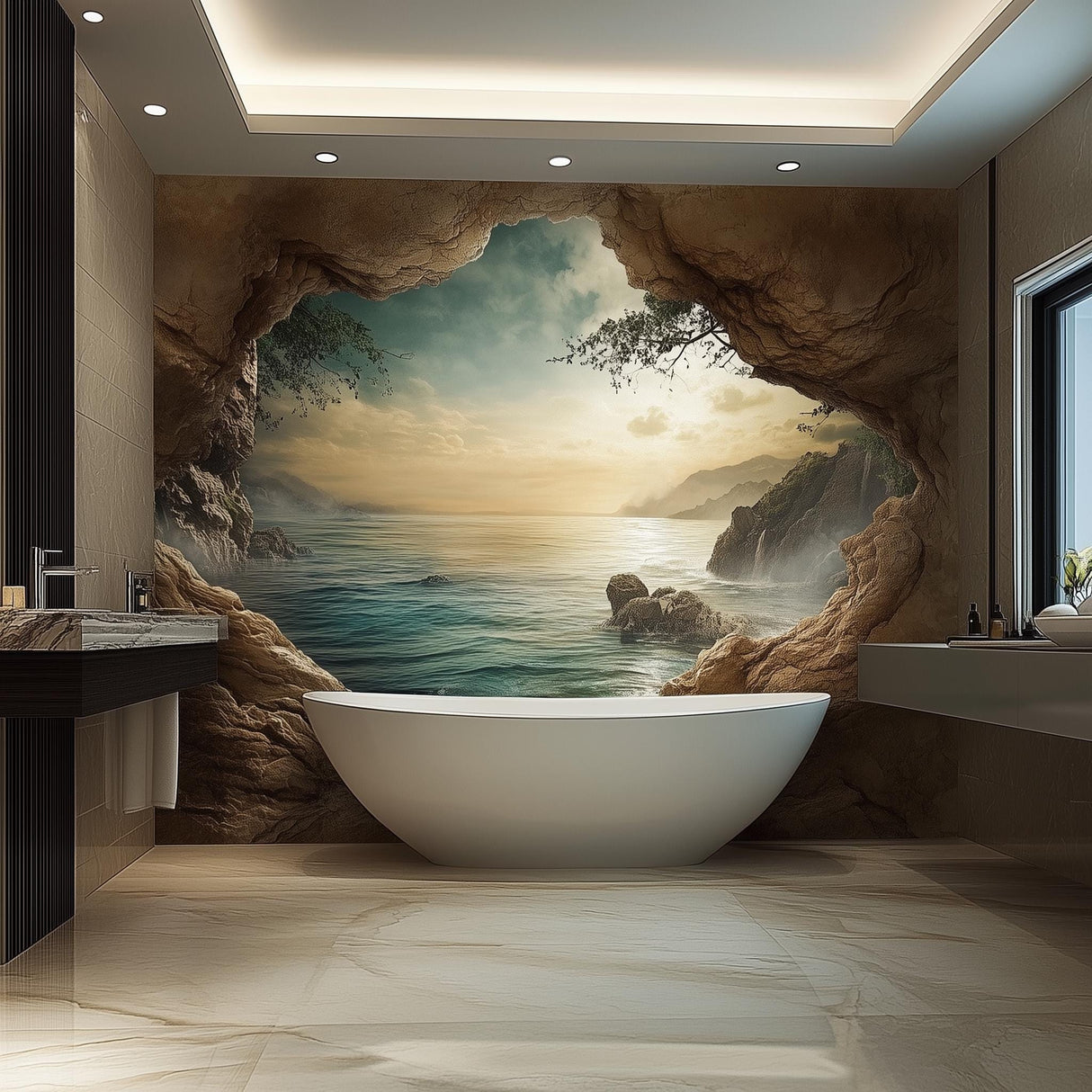 3D Ocean Cave Wall Mural displayed in a room setting.