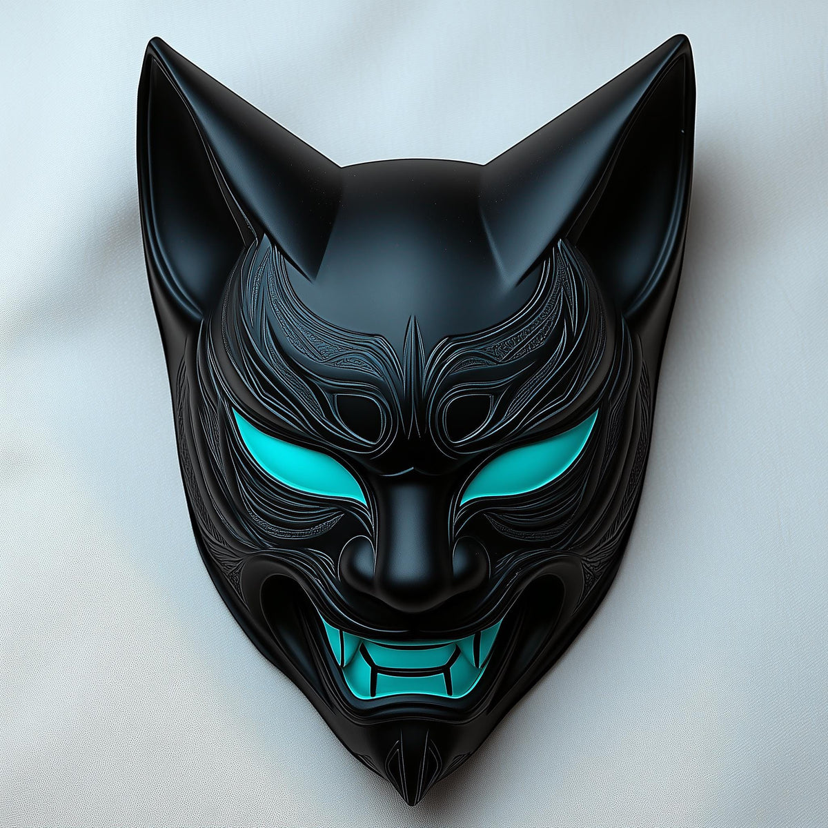 Product presentation view of 3D Printed Cyber Kitsune Mask.