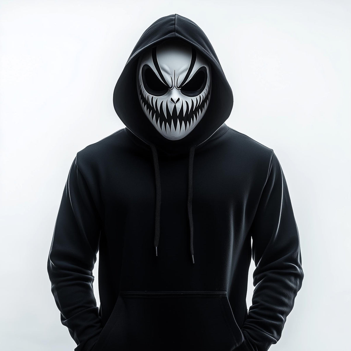 3D printed grinning demon mask with sharp teeth, deep eye openings and a horror-style full face.