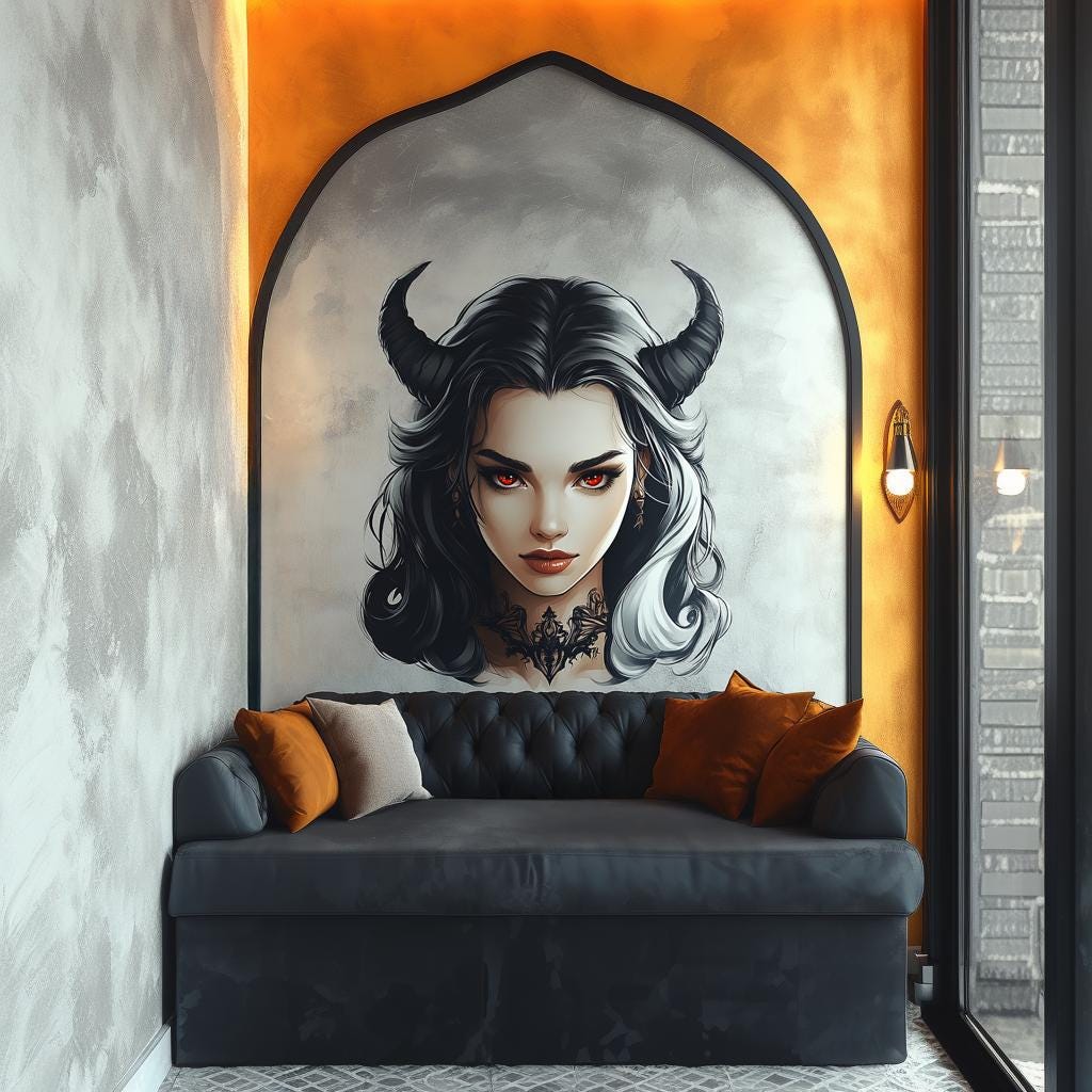 Alternate gallery view of the dark fantasy horned character wall decal.